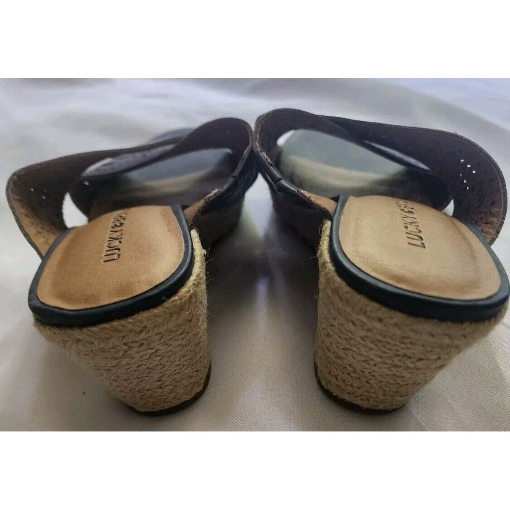 LUCKY BRAND WEDGE SANDALS WOMENS SIZE 6.5 NAVY BLUE TAN KEELA NEW LEATHER - Picture 4 of 6